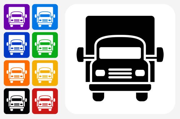 Truck Icon Square Button Set Truck Icon Square Button Set. The icon is in black on a white square with rounded corners. The are eight alternative button options on the left in purple, blue, navy, green, orange, yellow, black and red colors. The icon is in white against these vibrant backgrounds. The illustration is flat and will work well both online and in print. indigo truck stock illustrations
