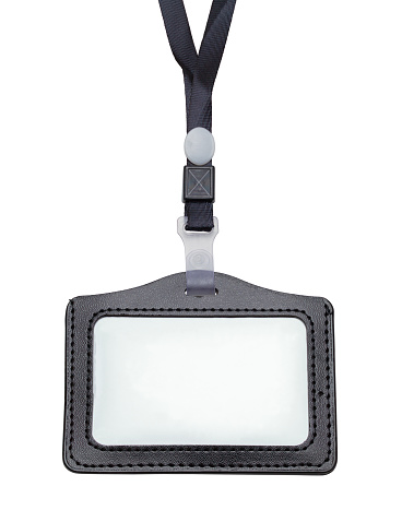 Black Leather Name Tag With Copy Space Isolated on a White Background.