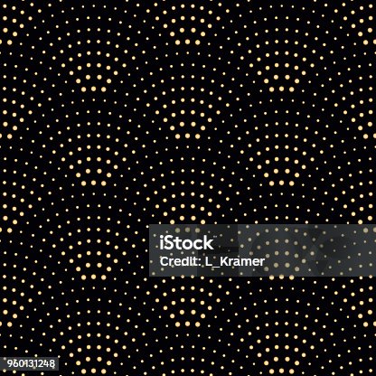 istock Vector abstract seamless wavy pattern with geometrical fish scale layout. Metallic gold circles on a dark black background. Fan shaped garlands .Wallpaper, textile patch, wrapping paper, page fill 960131248