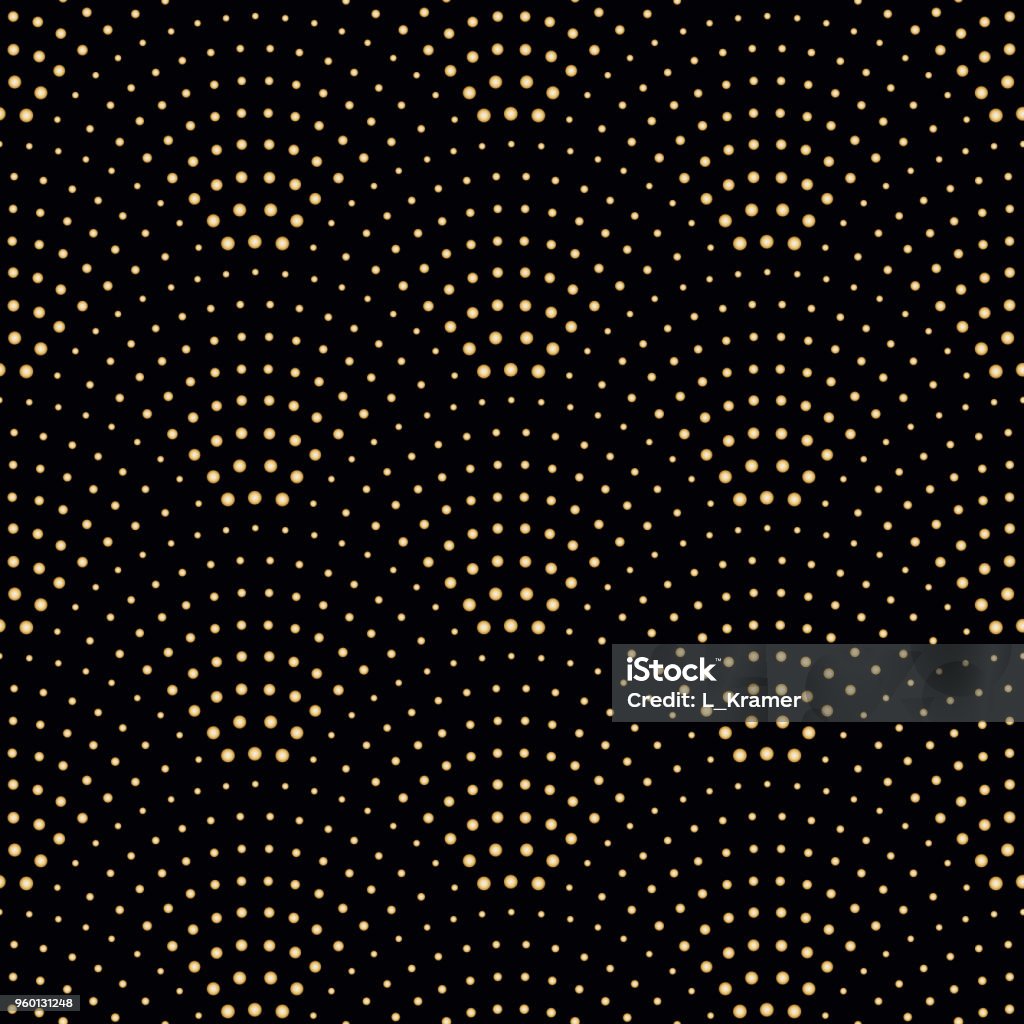 Vector abstract seamless wavy pattern with geometrical fish scale layout. Metallic gold circles on a dark black background. Fan shaped garlands .Wallpaper, textile patch, wrapping paper, page fill Art Deco stock vector