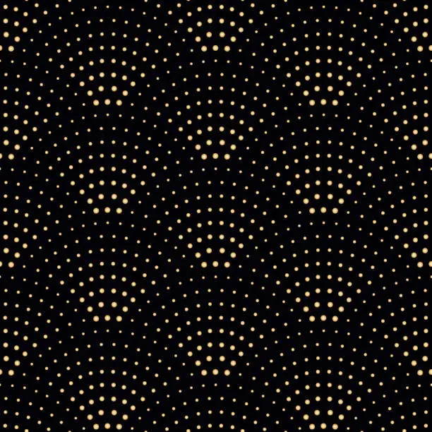 Vector illustration of Vector abstract seamless wavy pattern with geometrical fish scale layout. Metallic gold circles on a dark black background. Fan shaped garlands .Wallpaper, textile patch, wrapping paper, page fill