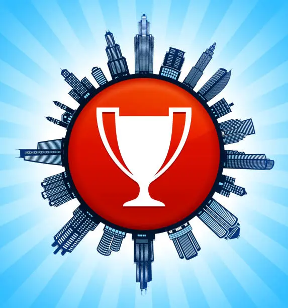 Vector illustration of Trophy on Modern Cityscape Skyline Background