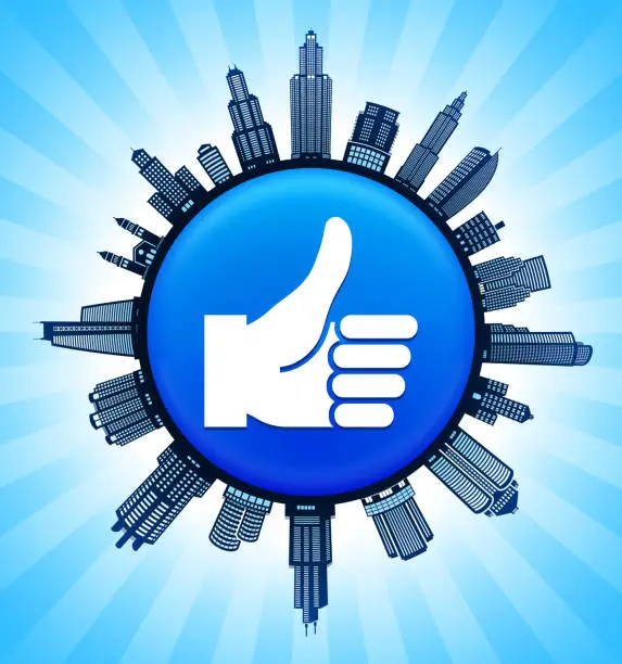 Vector illustration of Thumbs Up  on Modern Cityscape Skyline Background