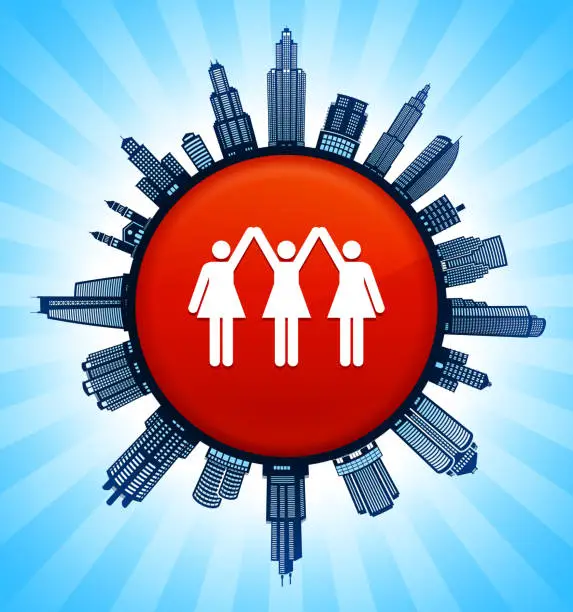 Vector illustration of Strong Women Standing on Modern Cityscape Skyline Background