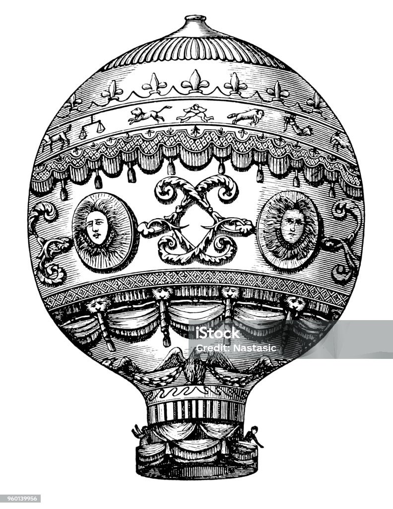 Dirigible airship ,Montgolfier`s Flying Balloon Illustration of a Dirigible airship ,Montgolfier`s Flying Balloon Hot Air Balloon stock illustration