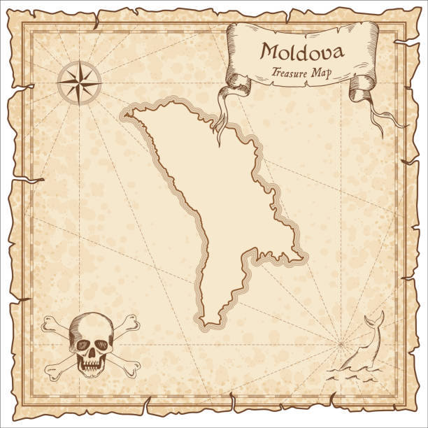 Moldova, Republic of old pirate map. Moldova, Republic of old pirate map. Sepia engraved template of treasure map. Stylized pirate map on vintage paper. drawing of the map of moldova stock illustrations