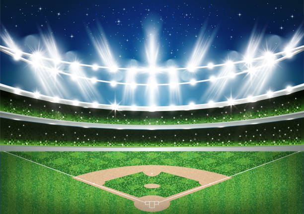 baseball-stadion mit neonröhren. arena. - baseball player baseball outfield stadium stock-grafiken, -clipart, -cartoons und -symbole