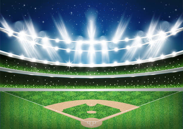 illustrations, cliparts, dessins animés et icônes de stade de baseball avec les néons. arena. - infield