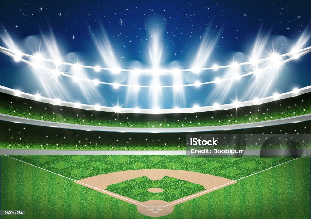 Estádio de beisebol com luzes de néon. Arena. - Vetor de Beisebol royalty-free