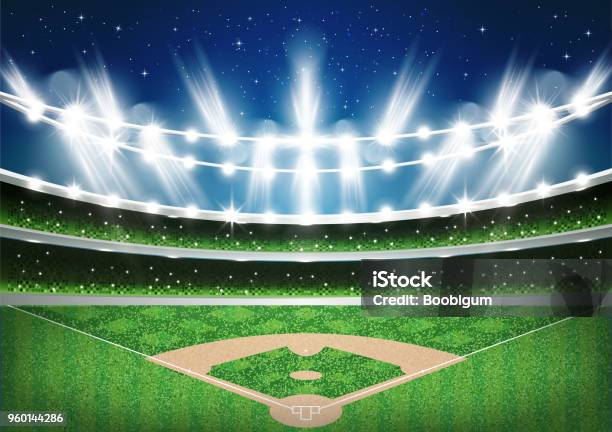 Baseball Stadium With Neon Lights Arena Stock Illustration - Download Image Now - Baseball - Sport, Stadium, Vector