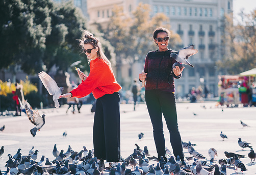 Women traveling in Europe and feeding pigeons in Barcelona