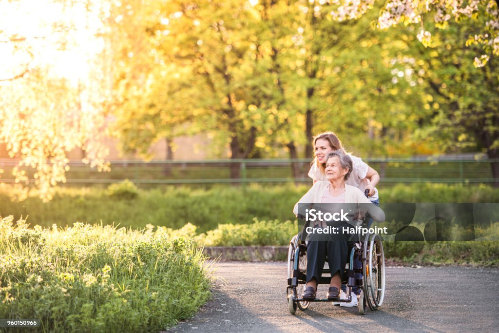 老祖母在輪椅上與孫女在春天自然。 - 免版稅老年人圖庫照片