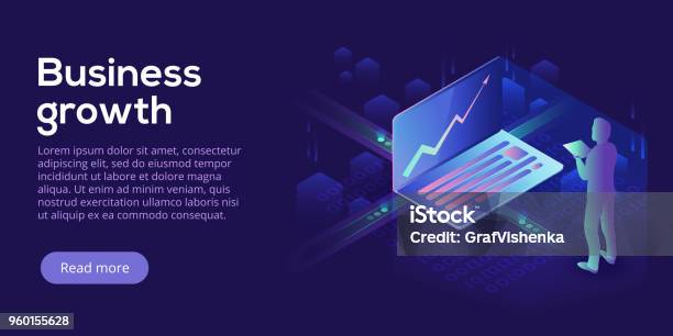 Business Growth Isometric Vector Illustration Abstract Businessman With Laptop Background Financial Increase Or Stock Exchange Website Header Layout Digital Technology Concept Stock Illustration - Download Image Now
