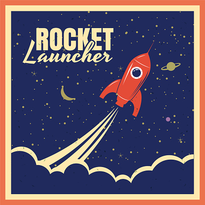Rocket launcher startup rocket retro poster with vintage colors and grunge effect. Vector, illustration