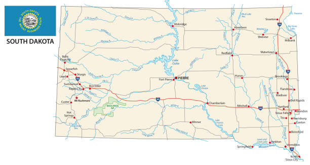 mapa drogowa południowej dakoty z flagą - map dakota south dakota north stock illustrations