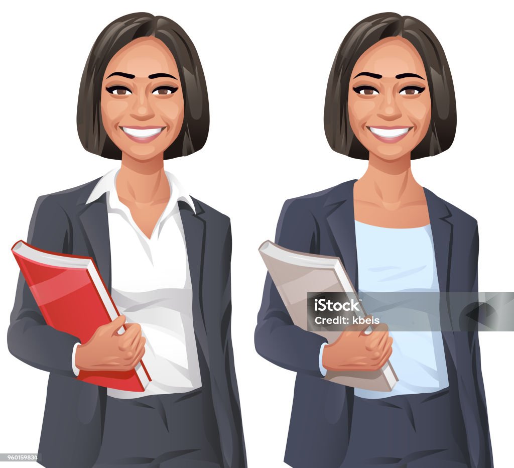 Smiling Young Businesswoman Vector illustration of a smiling young woman wearing a fashionable suit, holding a book, isolated on white. Businesswoman stock vector