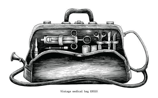 vintage ilk yardım çantası el oyma stil çizimi - tıp cihazları stock illustrations