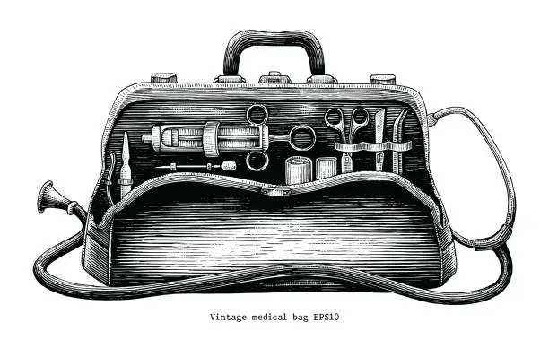 Vector illustration of Vintage medical bag hand drawing engraving style