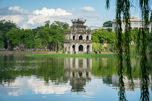 Turtle Tower (Thap Rua) in Hoan Kiem lake (Sword lake, Ho Guom) in Hanoi, Vietnam.