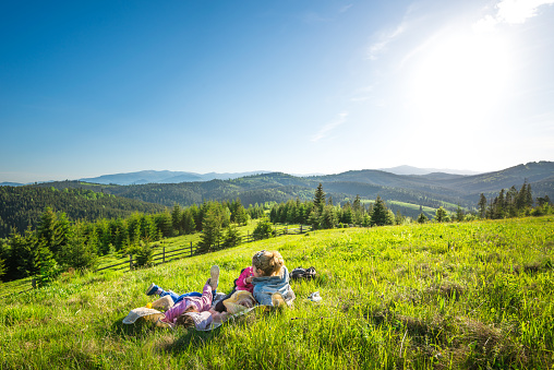 Сute family in green summer meadow near forest in Carpathian mountains
