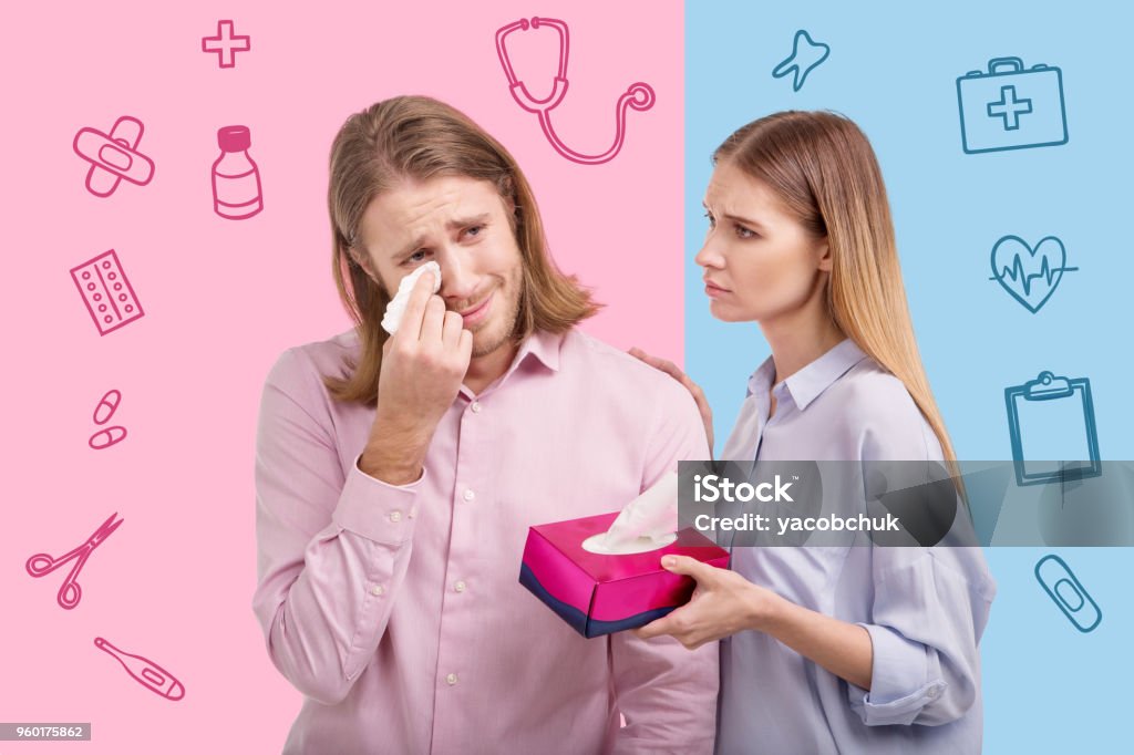 Crying While Sad Ill Man Feeling Sad And Crying While His Wife Supporting Him Stock ...