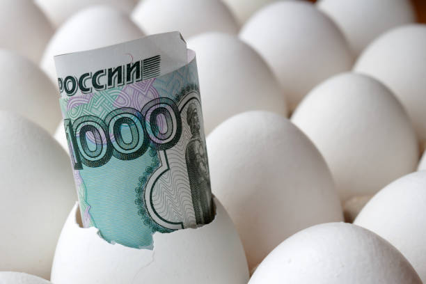 istock Russian ruble banknote in empty egg shell in cardboard tray closeup 960177118