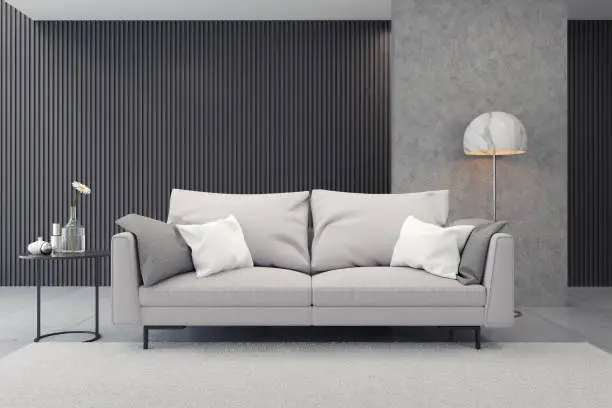 Modern luxury living room interior design, gray sofa on black wall and concrete floor,3d rendering