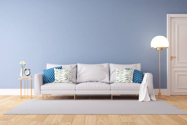 istock Minimalist Pastel color and modern room interior design,light gray sofa with blue wall and wood floor ,summer concept,3d render 960177514
