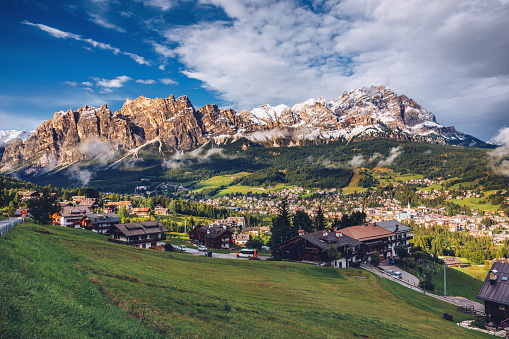 View of Cortina D'Ampezzo with Pomagagnon mount in the background, Dolomites, Italy, South Tyrol.