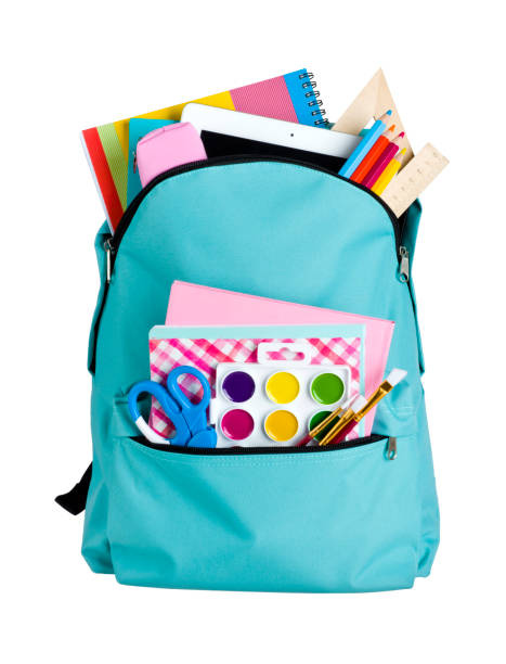borsa da scuola blu con forniture scolastiche isolate su sfondo bianco - materiale scolastico foto e immagini stock