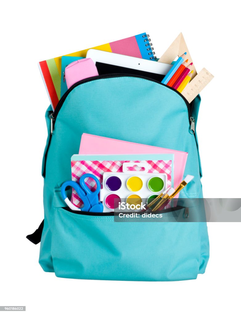 Blue school bag with school supplies isolated on white background Backpack Stock Photo