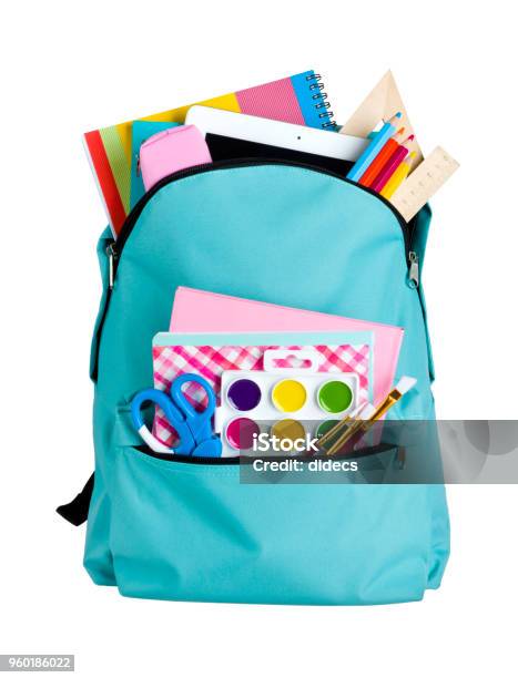 Blue School Bag With School Supplies Isolated On White Background Stock Photo - Download Image Now