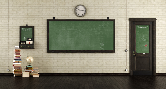 Empty retro classroom with blackboards. wooden door and books on hardwood floor - 3d rendering
Note: the room does not exist in reality, Property model is not necessary