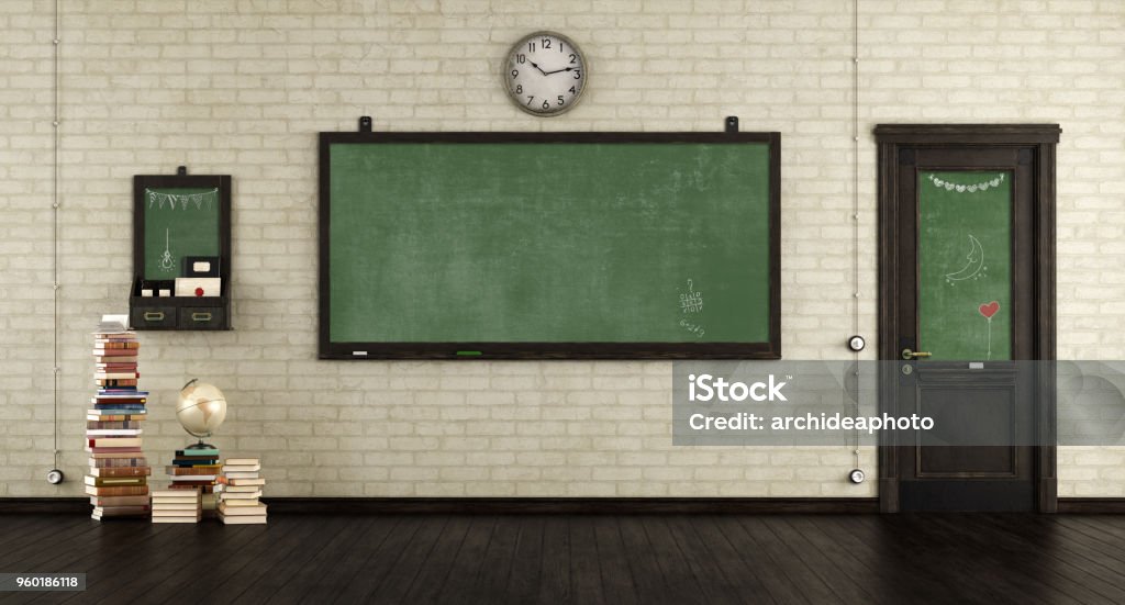 Empty retro classroom Empty retro classroom with blackboards. wooden door and books on hardwood floor - 3d rendering
Note: the room does not exist in reality, Property model is not necessary Classroom Stock Photo
