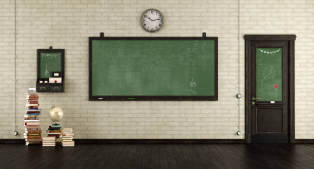 Empty retro classroom Empty retro classroom with blackboards. wooden door and books on hardwood floor - 3d rendering
Note: the room does not exist in reality, Property model is not necessary school board stock pictures, royalty-free photos & images