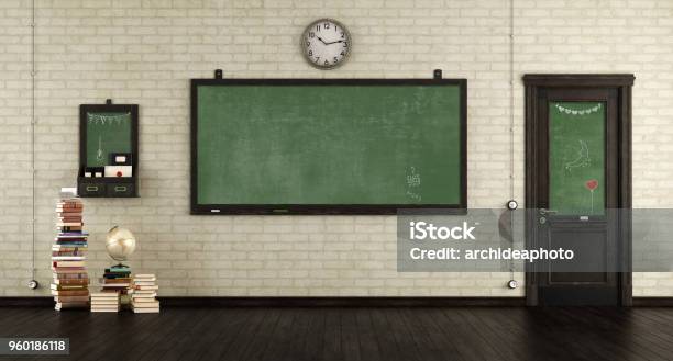 Empty Retro Classroom Stock Photo - Download Image Now - Classroom, Chalkboard - Visual Aid, Wall - Building Feature