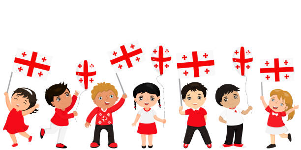 istock Funny kids of different races with various hairstyles with flags. graphic design to the Georgia holiday. 960188566