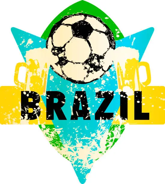 Vector illustration of Soccer / Football fictional grungy emblem with soccer ball and beer, brazil, vector illustration