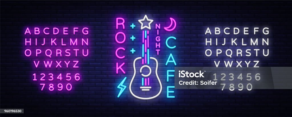 Rock Cafe Logo Neon Vector. Rock Cafe Neon Sign, Concept with guitar, Night Advertising, Light Banner, Live Music, Karaoke, Night Club, Neon Signboard, Design Element. Vector. Editing text neon sign Rock Cafe Logo Neon Vector. Rock Cafe Neon Sign, Concept with guitar, Night Advertising, Light Banner, Live Music, Karaoke, Night Club, Neon Signboard, Design Element. Vector. Editing text neon sign. Neon Lighting stock vector