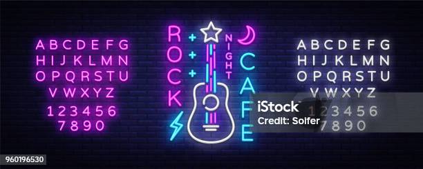 Rock Cafe Logo Neon Vector Rock Cafe Neon Sign Concept With Guitar Night Advertising Light Banner Live Music Karaoke Night Club Neon Signboard Design Element Vector Editing Text Neon Sign Stock Illustration - Download Image Now