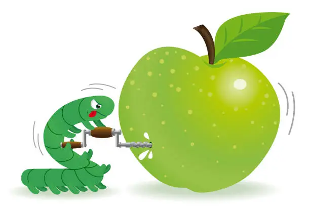 Vector illustration of Caterpillar Piercing Green Apple