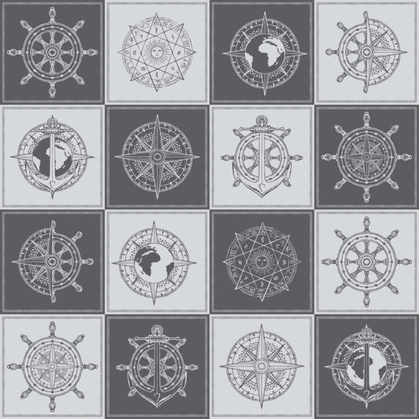 seamless background on the theme of travel VVector seamless background on the theme of nautical travel, adventure and discovery. Wind roses, ship anchors, compasses, helms and other nautical symbols on the checkered background in vintage style anchor free pic stock illustrations