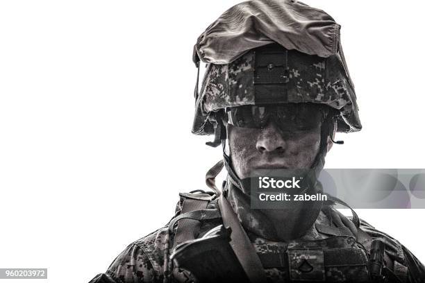 Equipped Army Soldier With Dirty Face Studio Shot Stock Photo - Download Image Now - Armed Forces, Army Soldier, Military