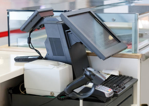 istock Cash desk with computer screen and Credit Card Machine with Barcode Scanner 960207452