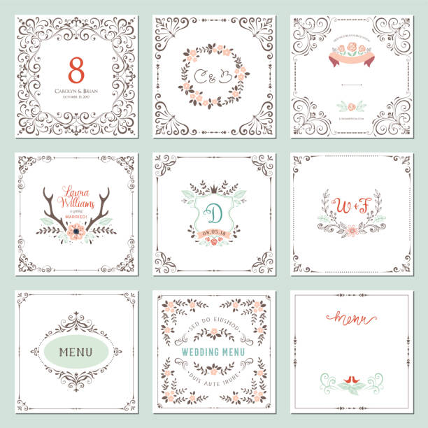 화려한 프레임 및 시골풍 elements_04 - wedding invitation rose flower floral pattern stock illustrations