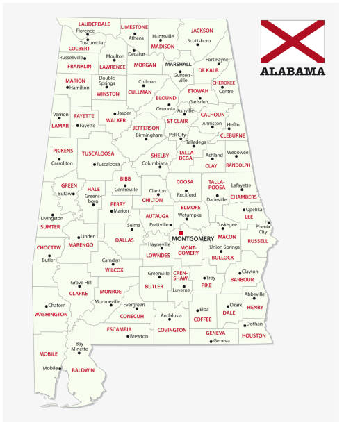 alabama administrative and political map with flag alabama administrative and political vector map with flag alabama state map with cities stock illustrations