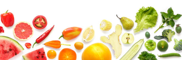 istock pattern of various fresh vegetables and fruits isolated on white background, top view, flat lay. 960209596