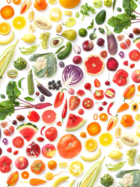 istock pattern of various fresh vegetables and fruits isolated on white background, top view, flat lay. 960209618