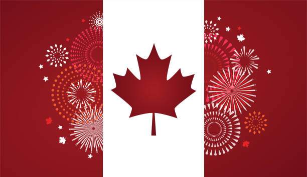 istock Maple leaf with firework poster for celebrate the national day of Canada. Happy Canada Day card. Canada flag, fireworks, red maple leaf 960212262