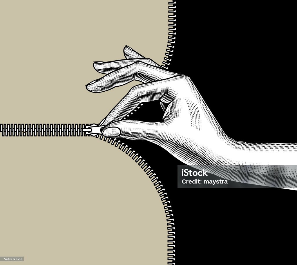 Woman's hand zipped up with pinch fingers the slide fastener Woman's hand zipped up with pinch fingers the slide fastener. Vintage stylized drawing. Vector illustration Hand stock vector